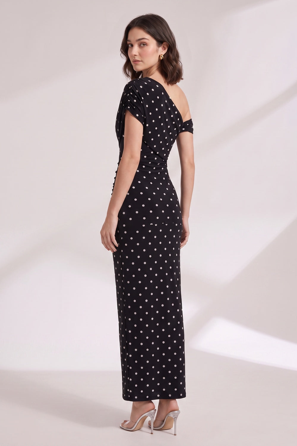 Black Polka Dot One-Shoulder Maxi Dress - OWNCI Black Polka Dot One-Shoulder Maxi Dress - OWNCI