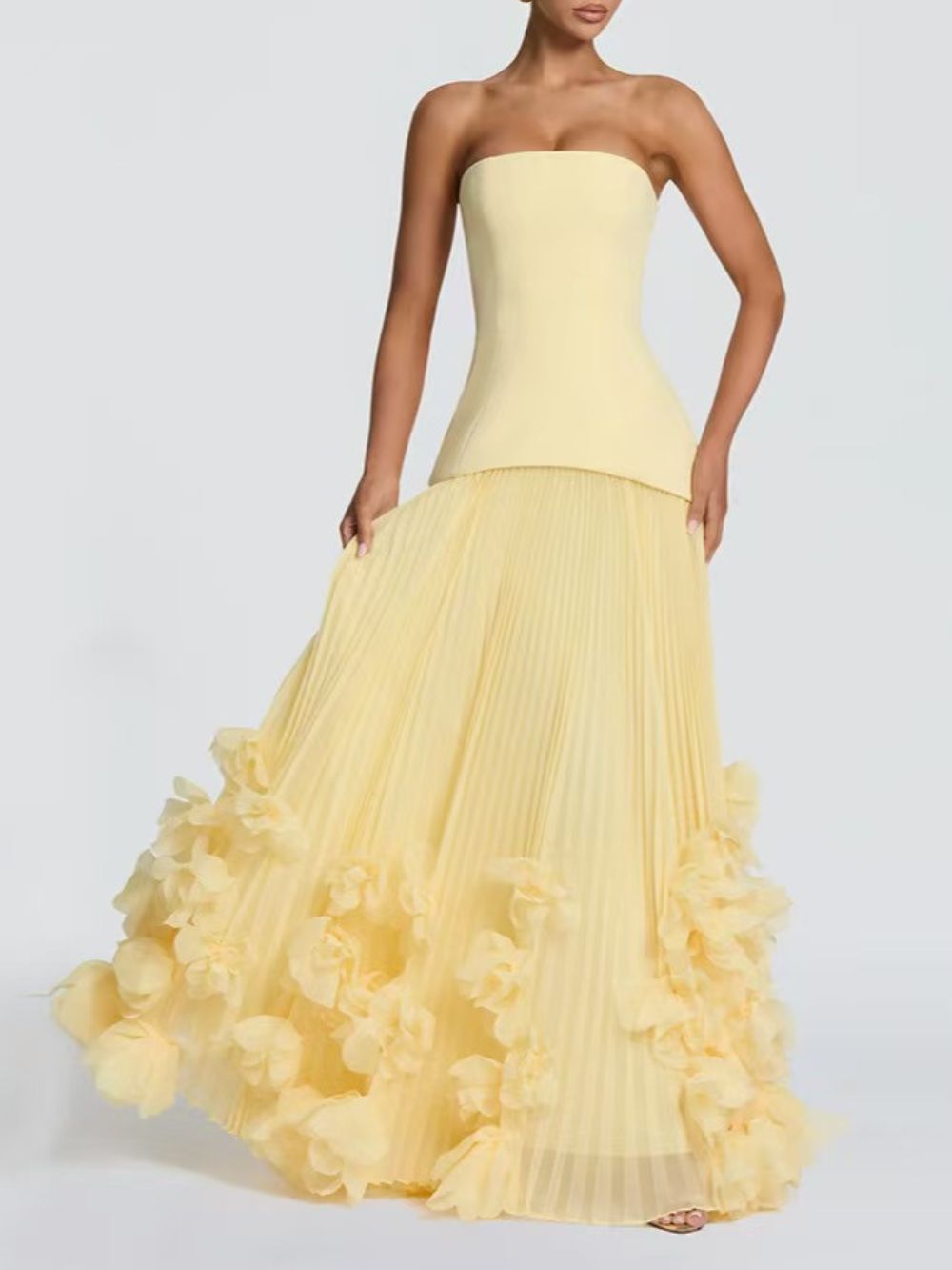 Ovarq Strapless Pleated Flower Maxi Dress In Yellow - OWNCI Ovarq Strapless Pleated Flower Maxi Dress In Yellow - OWNCI