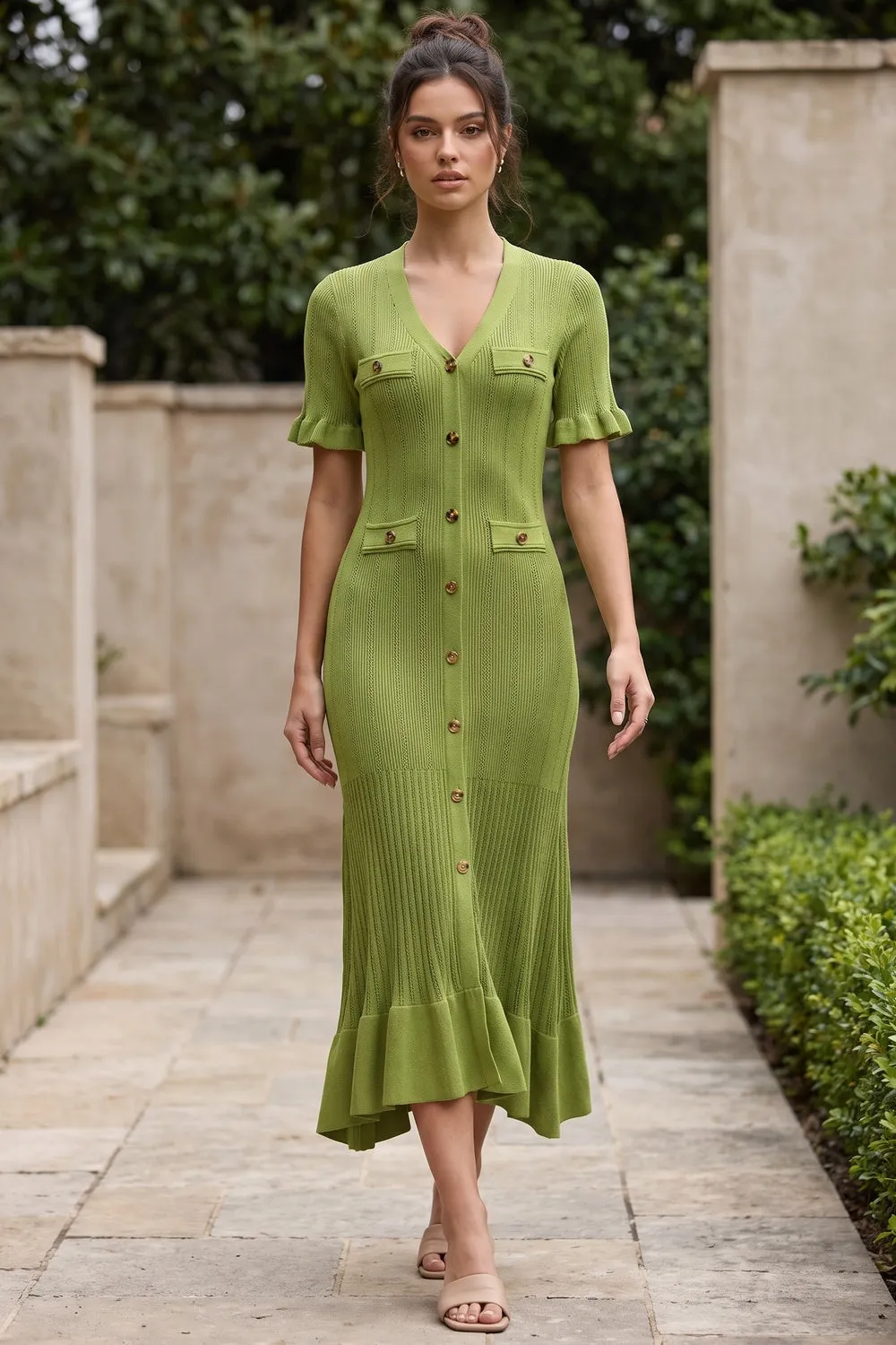 Olive Green Ribbed Knit A-Line Trumpet Midi Dress - OWNCI Olive Green Ribbed Knit A-Line Trumpet Midi Dress - OWNCI