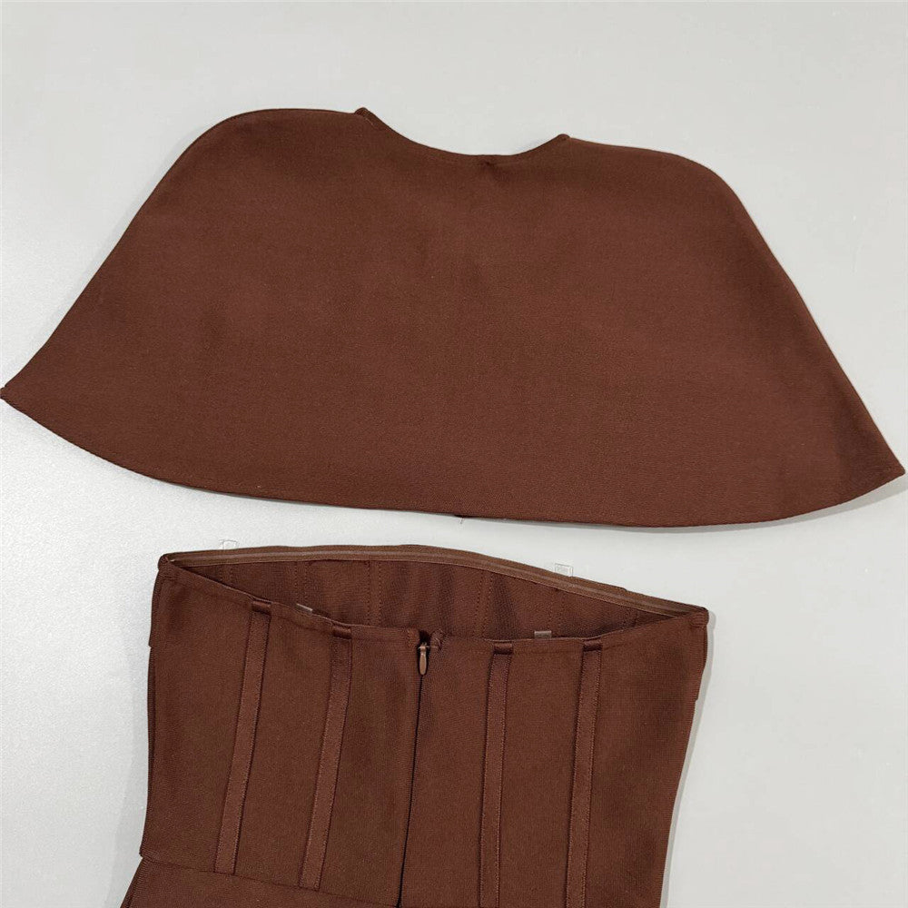 Dark Brown Structured Crepe Column Dress with Capelet Overlay - OWNCI Dark Brown Structured Crepe Column Dress with Capelet Overlay - OWNCI