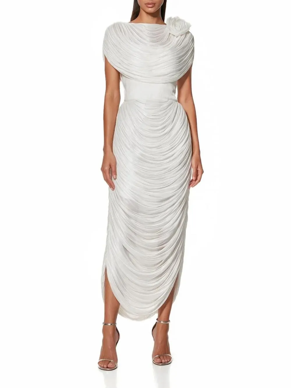 Kessari Flower Draped Midi Dress In White - OWNCI