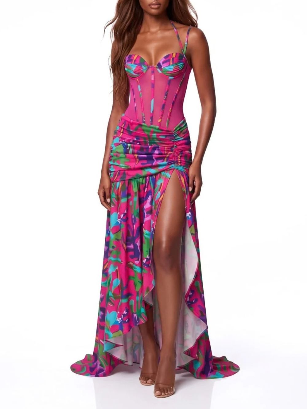 Juvelli Split Ruched Ruffle Maxi Dress - OWNCI