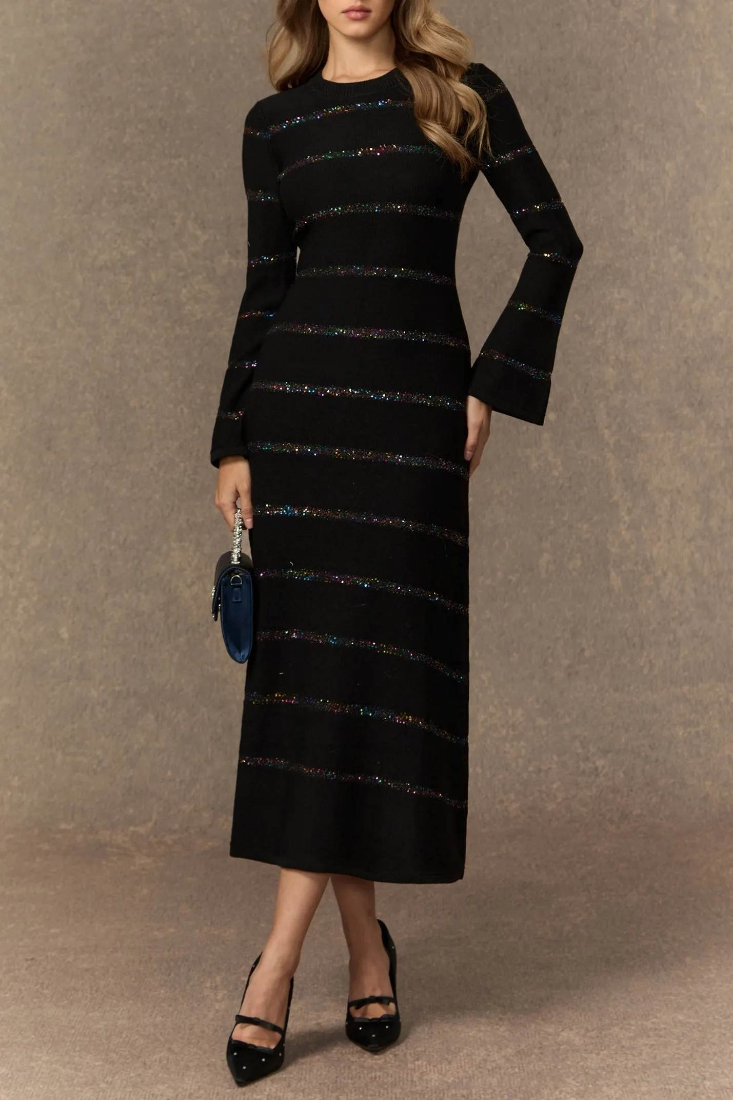 Gloria Black Sequin Embellished Knit Midi Dress - OWNCI