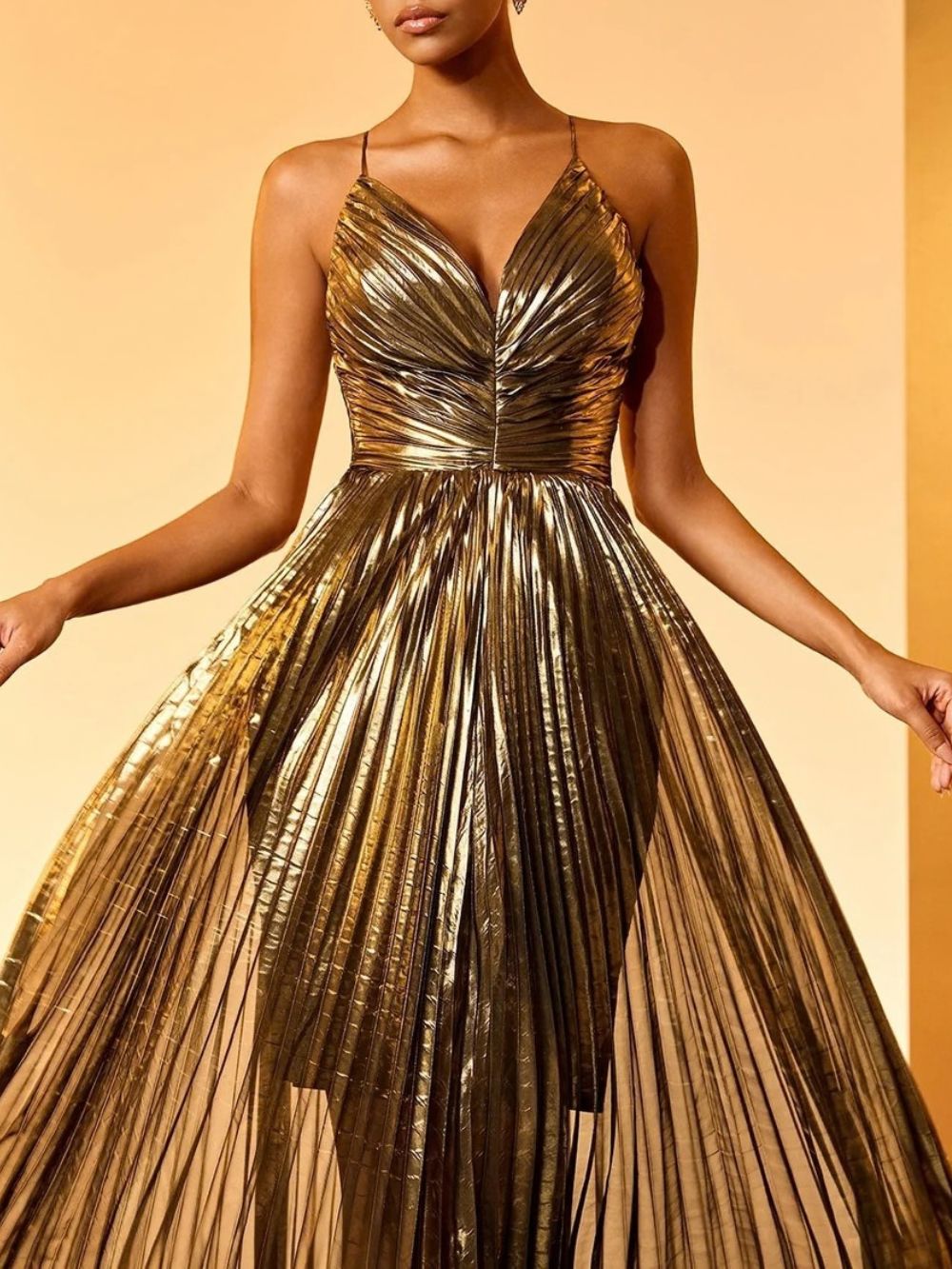 Syrena Spaghetti Pleated Metallic Midi Dress - OWNCI Syrena Spaghetti Pleated Metallic Midi Dress - OWNCI