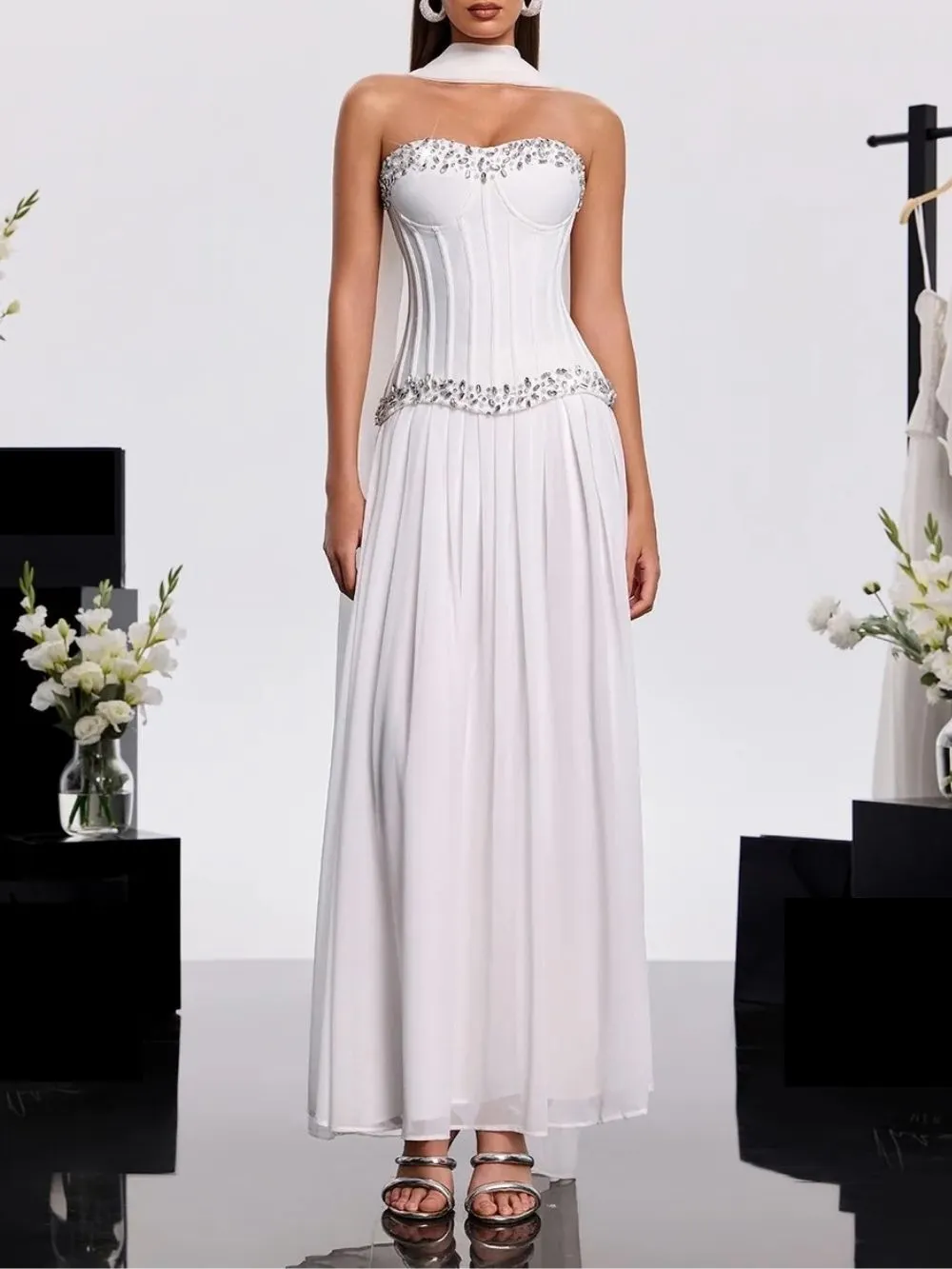 Zeldran Scarf Strapless Crystal Maxi Dress - OWNCI Zeldran Scarf Strapless Crystal Maxi Dress - OWNCI