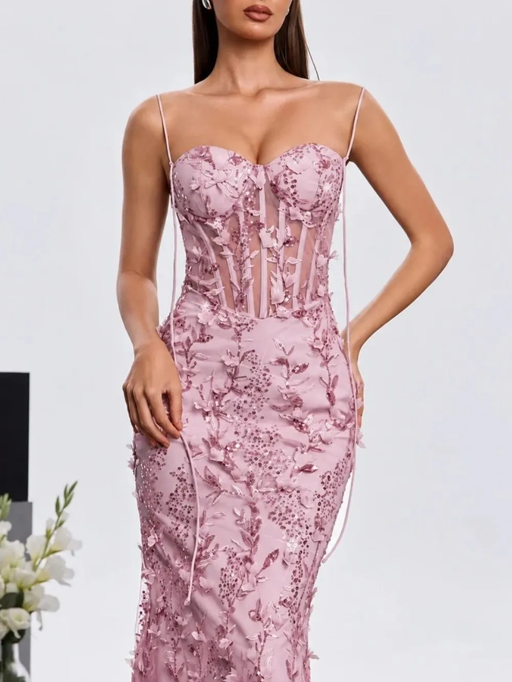 Haranu Spaghetti Corset Sequin Dress In Pink - OWNCI Haranu Spaghetti Corset Sequin Dress In Pink - OWNCI