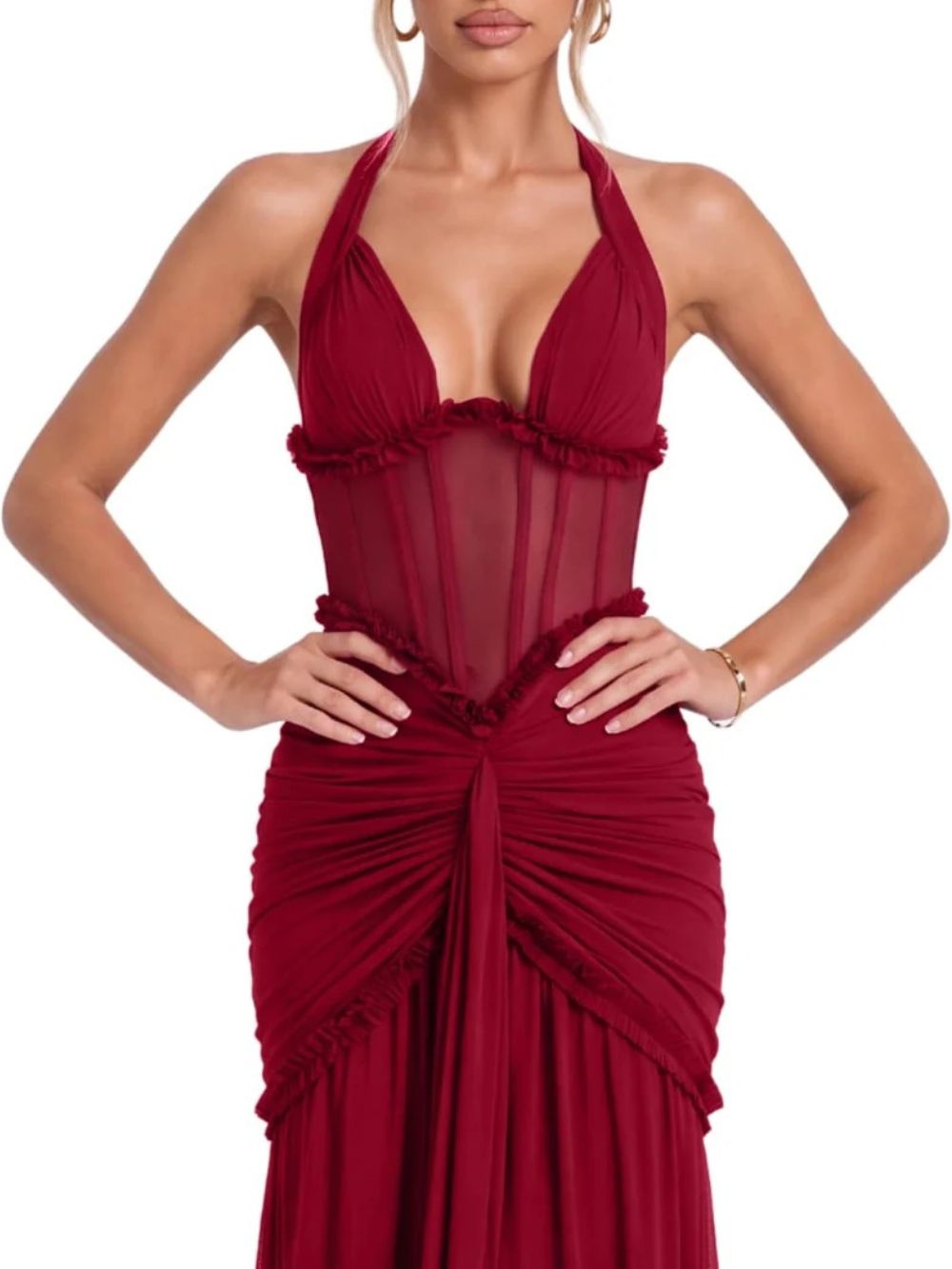 Liorqen Halterneck Ruched Maxi Dress - OWNCI