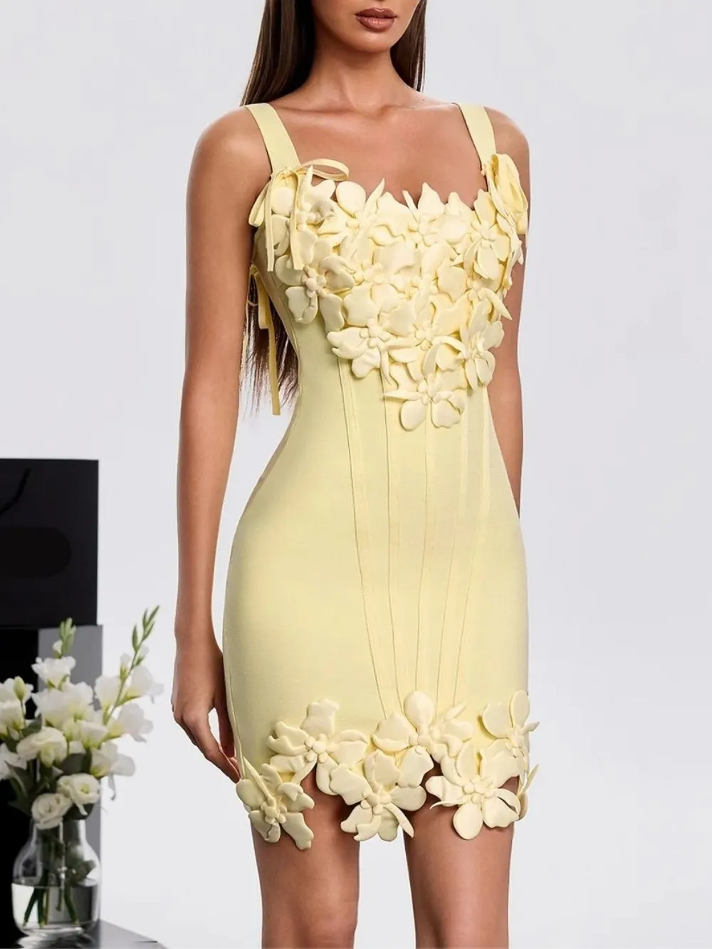Hanh Sleeveless Flower Bandage Mini Dress - OWNCI