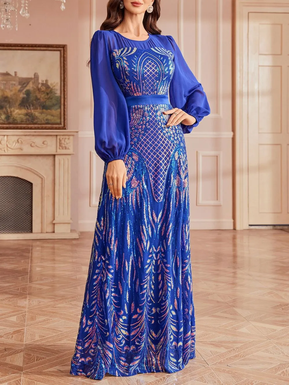 Milania Blue Sequin Long Sleeve Maxi Dress - OWNCI Milania Blue Sequin Long Sleeve Maxi Dress - OWNCI