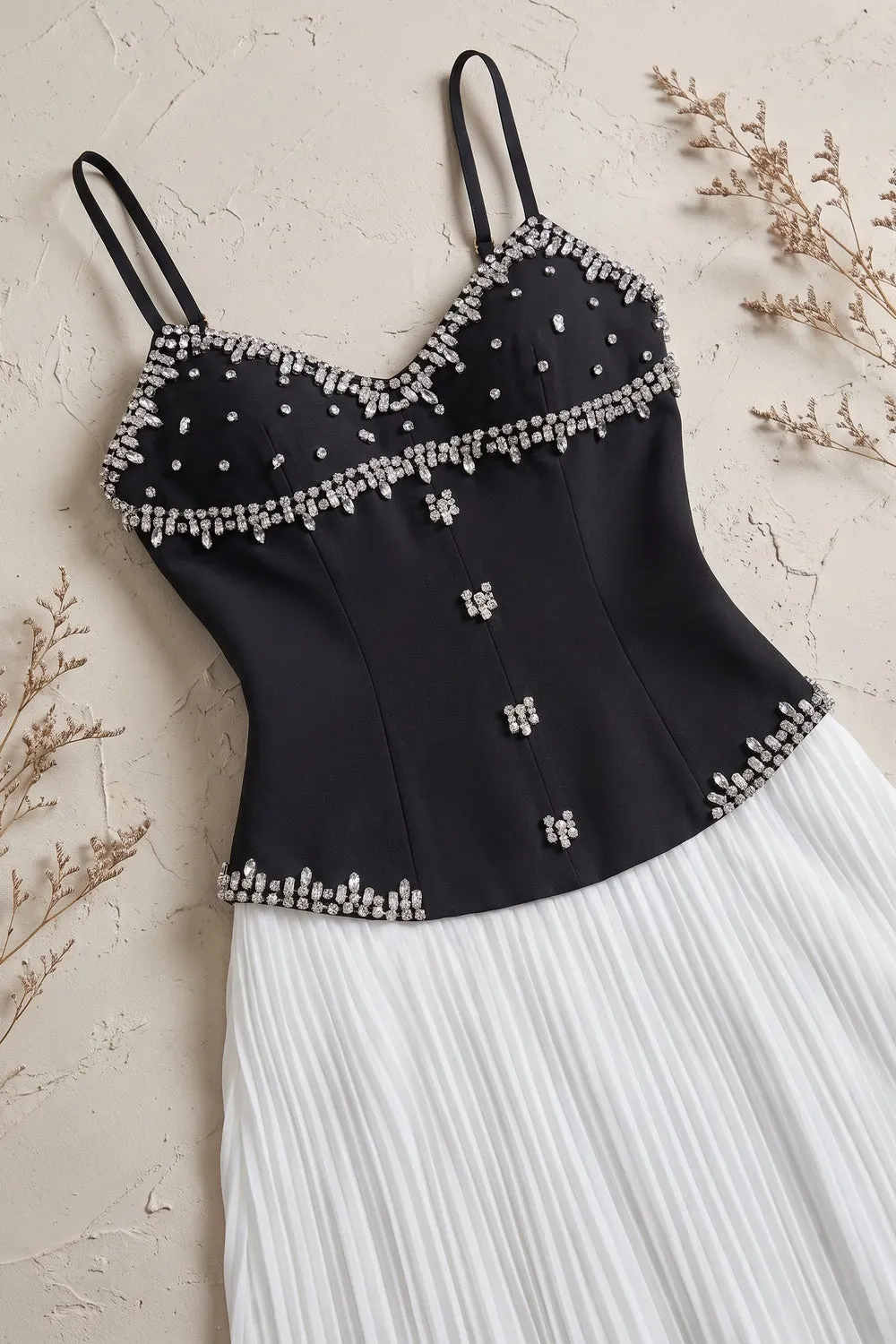 Black Embellished Corset Bodice and White Pleated Maxi Skirt Two-Piece Dress Set - OWNCI Black Embellished Corset Bodice and White Pleated Maxi Skirt Two-Piece Dress Set - OWNCI