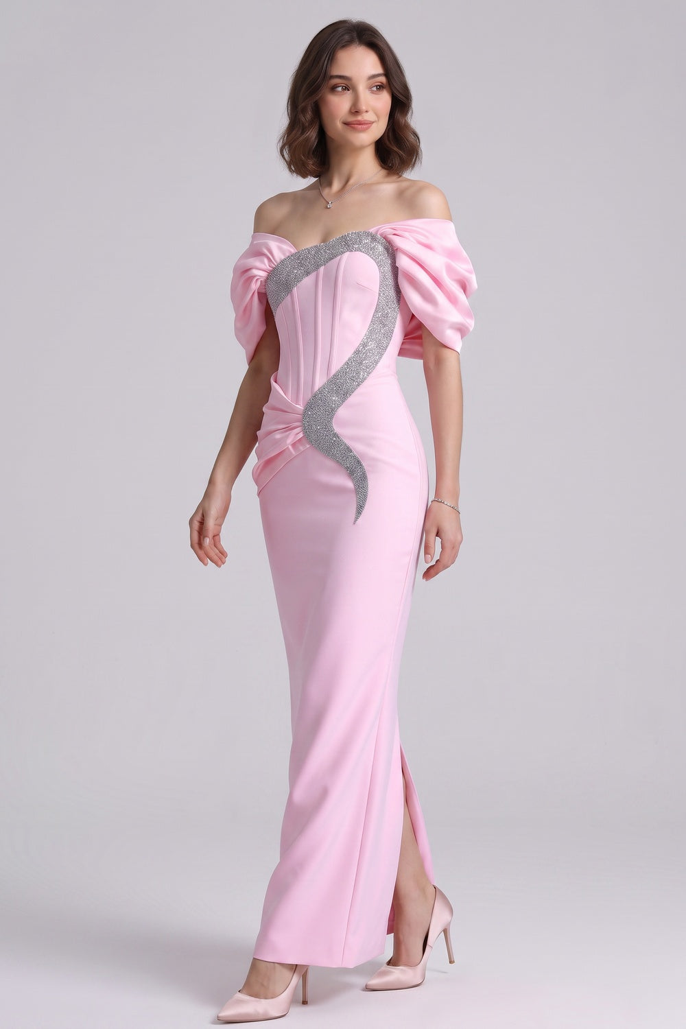 Light Pink Satin-Crepe Column Gown with Silver Sparkly Trim - OWNCI Light Pink Satin-Crepe Column Gown with Silver Sparkly Trim - OWNCI