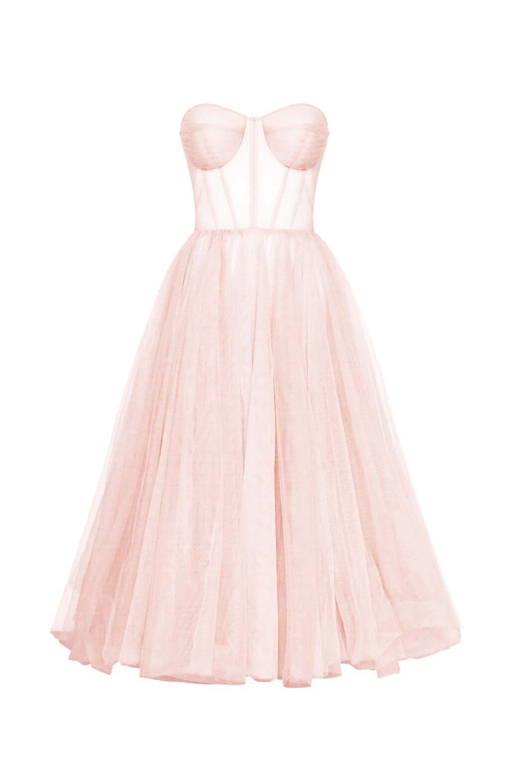 Misty Rose Strapless Puffy Midi Tulle Dress - OWNCI Misty Rose Strapless Puffy Midi Tulle Dress - OWNCI
