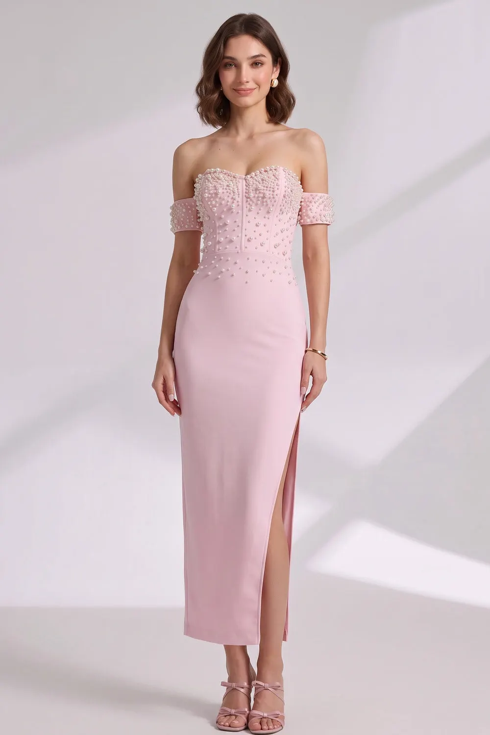 Light Pink Structured Crepe Sheath Dress with Pearl Embellishment - OWNCI