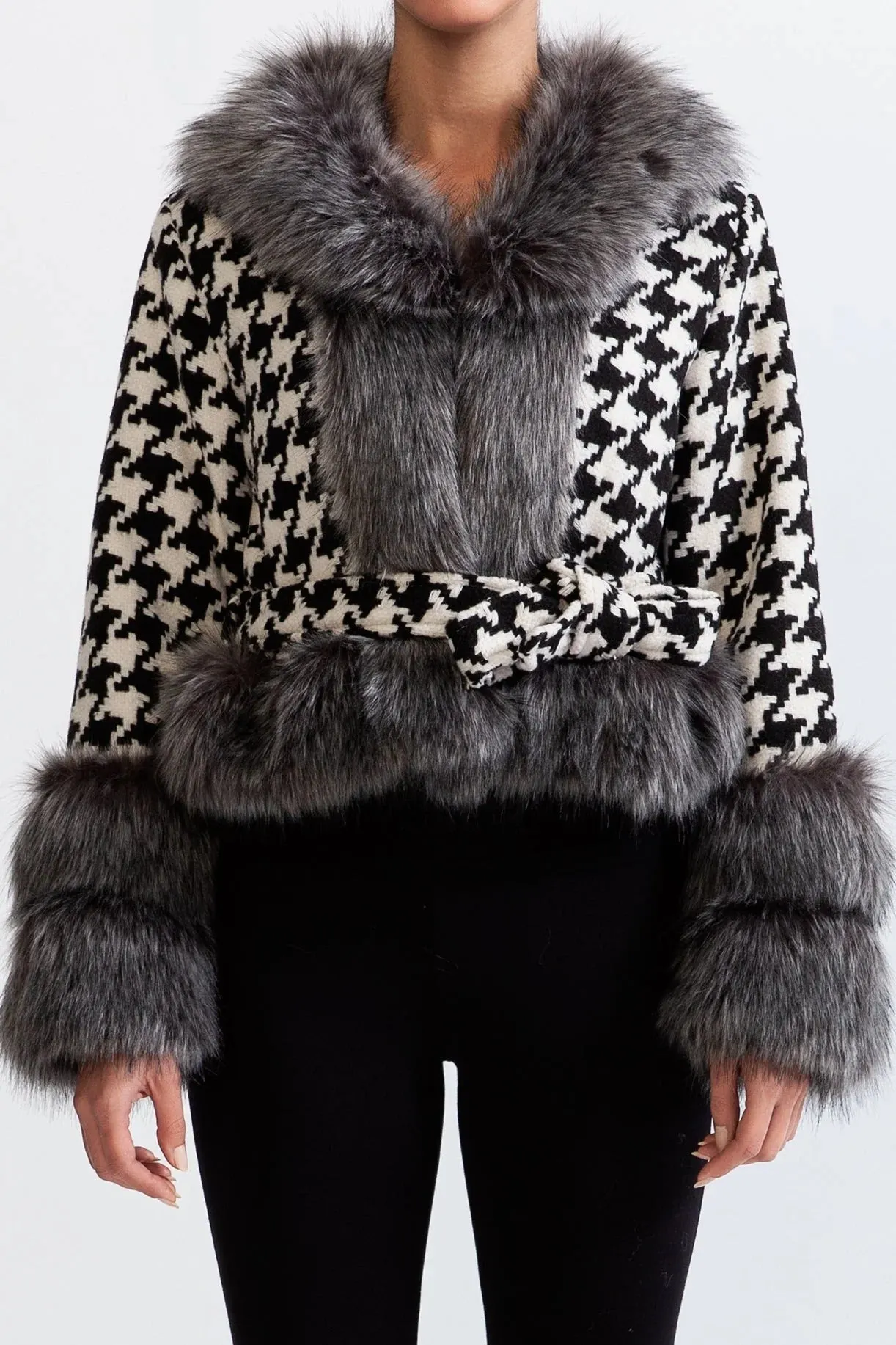 Natividad Houndstooth Wool Belted Coat With Fur - OWNCI Natividad Houndstooth Wool Belted Coat With Fur - OWNCI
