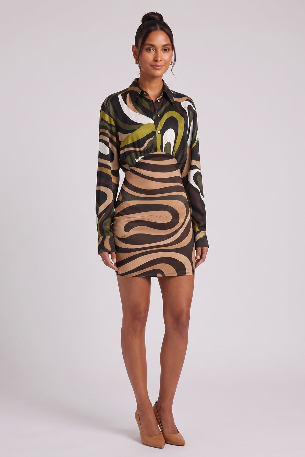 Olive Green Satin-Weave Silk Or Synthetic Blend Fitted Skirt With Relaxed Blouson Bodice Hybrid Shirt Mini Dress - OWNCI Olive Green Satin-Weave Silk Or Synthetic Blend Fitted Skirt With Relaxed Blouson Bodice Hybrid Shirt Mini Dress - OWNCI