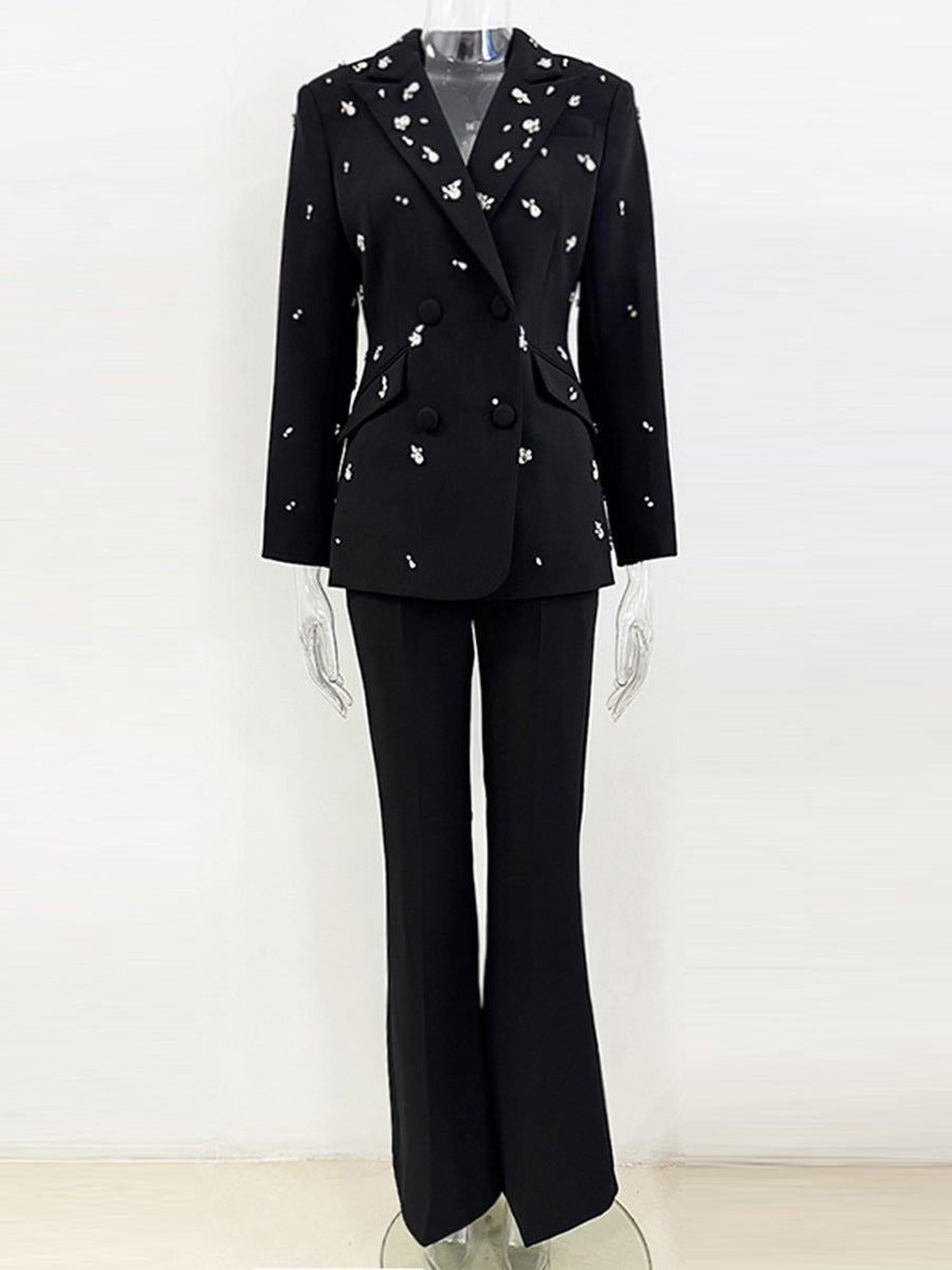Myra Black Straight Flared Velvet Floor Length Pants Rhinestone Blazer Set - OWNCI Myra Black Straight Flared Velvet Floor Length Pants Rhinestone Blazer Set - OWNCI