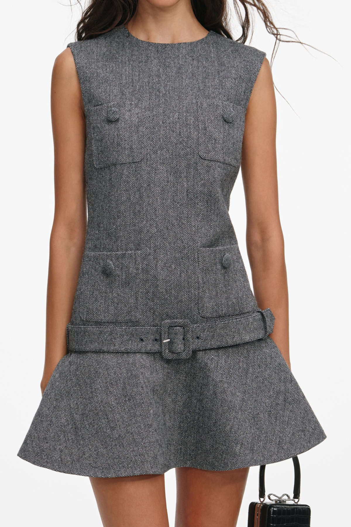 Euryda Herringbone Belted Flared Mini Dress - OWNCI