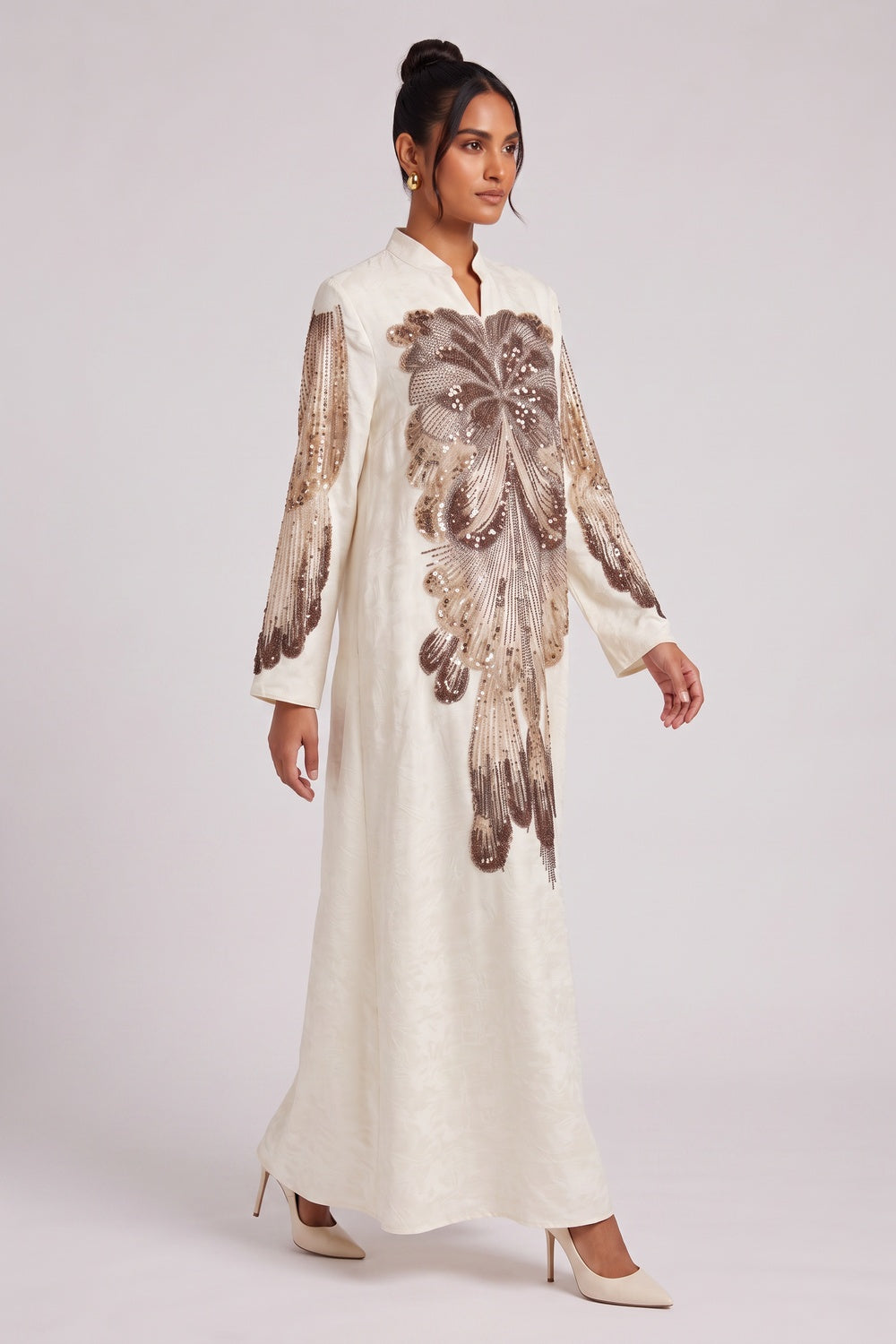 Cream Textured Crepe Or Raw Silk A-Line Kaftan Dress - OWNCI Cream Textured Crepe Or Raw Silk A-Line Kaftan Dress - OWNCI
