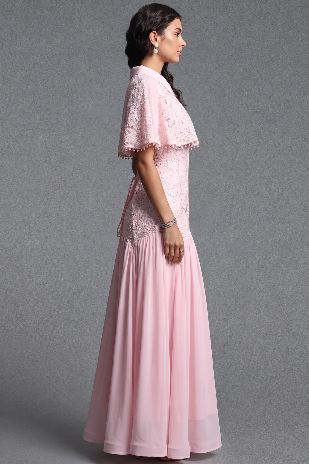 Pastel Pink Floral Lace Fitted Bodice with Flared Mermaid-Style Skirt Dress with Matching Capelet - OWNCI
