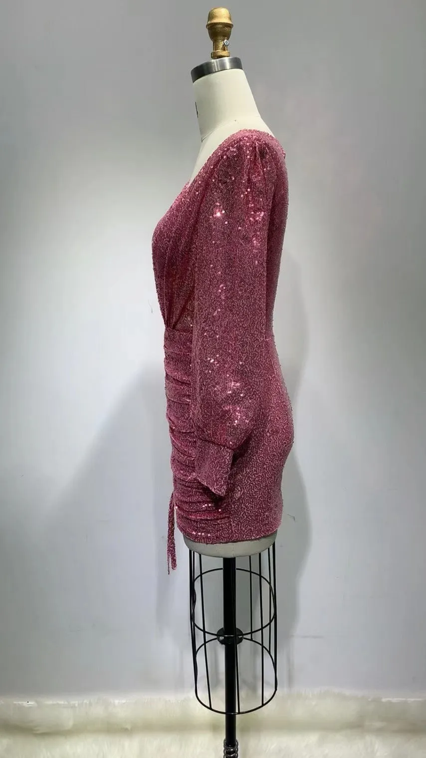Zenobia Ruched Cut Out Sequin Mini Dress In Pink - OWNCI Zenobia Ruched Cut Out Sequin Mini Dress In Pink - OWNCI