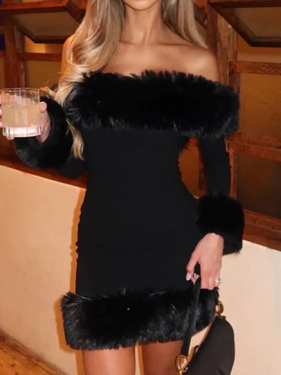 Rita Black Long-Sleeve Off-Shoulder Mini Dress With Fuzzy Details - OWNCI Rita Black Long-Sleeve Off-Shoulder Mini Dress With Fuzzy Details - OWNCI