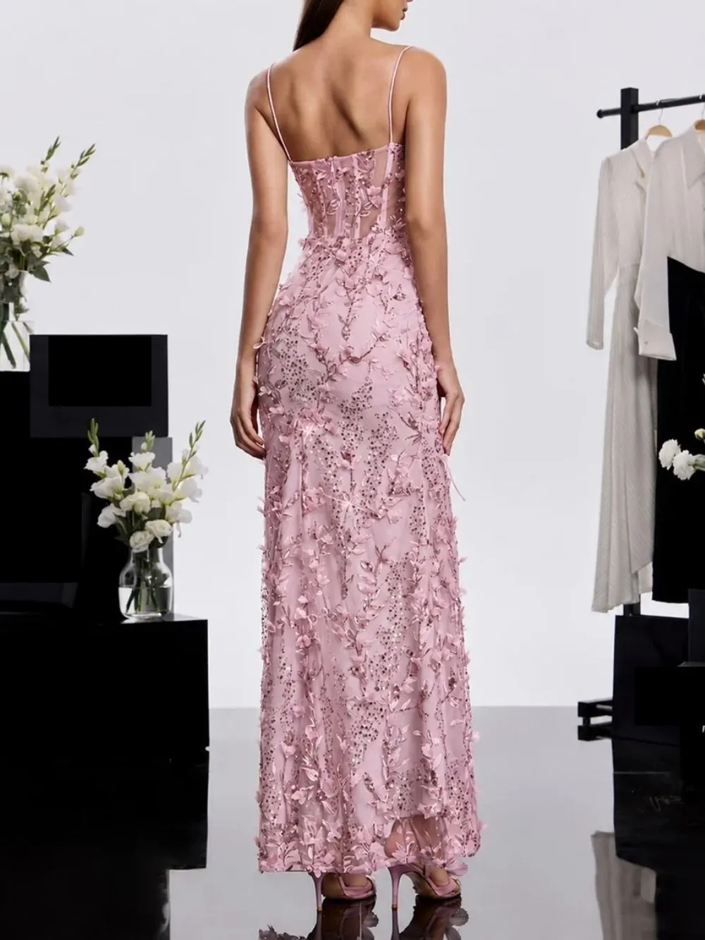 Haranu Spaghetti Corset Sequin Dress In Pink - OWNCI
