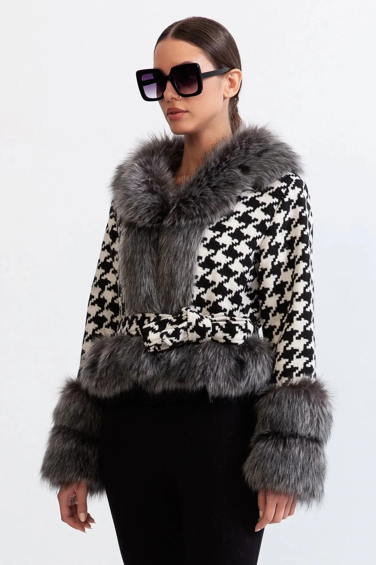 Natividad Houndstooth Wool Belted Coat With Fur - OWNCI Natividad Houndstooth Wool Belted Coat With Fur - OWNCI