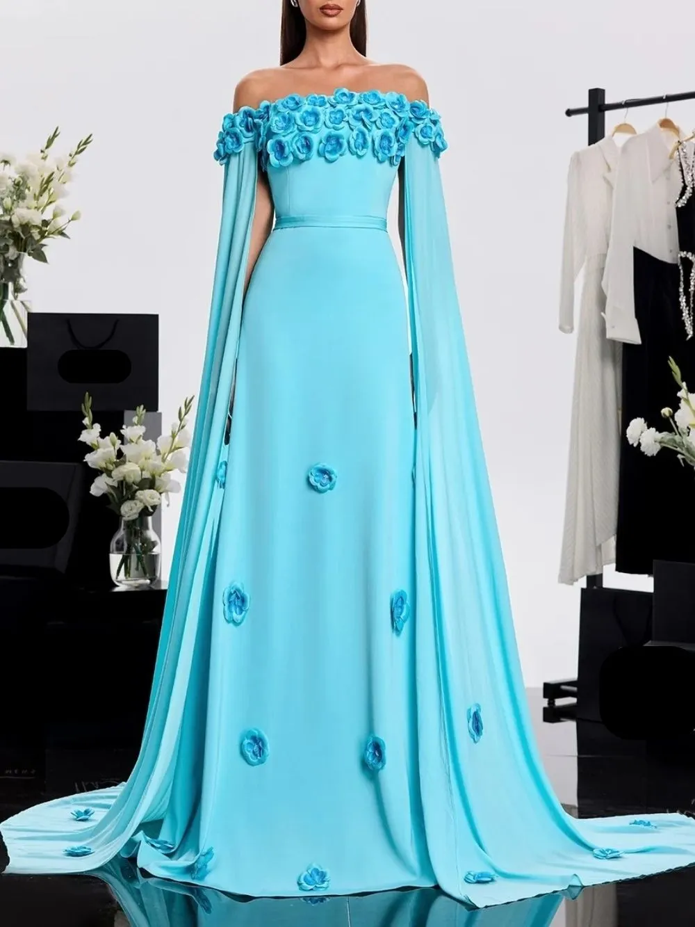 Haracha Off Shoulder Flower Draped Dress - OWNCI Haracha Off Shoulder Flower Draped Dress - OWNCI