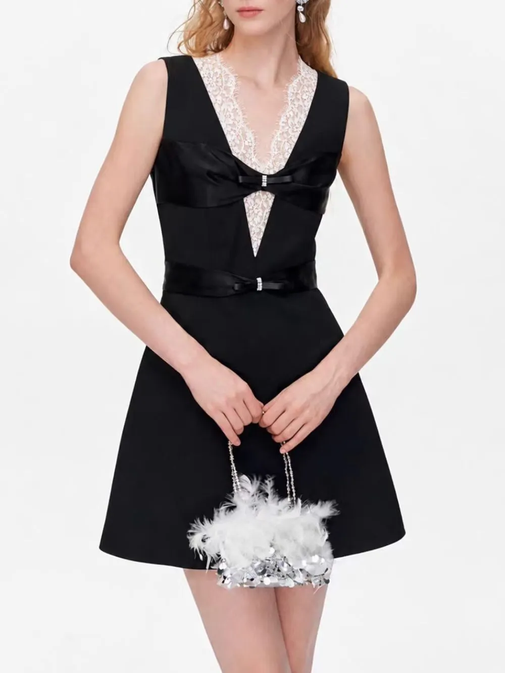 Milena Black Lace Bow Mini Dress - OWNCI Milena Black Lace Bow Mini Dress - OWNCI