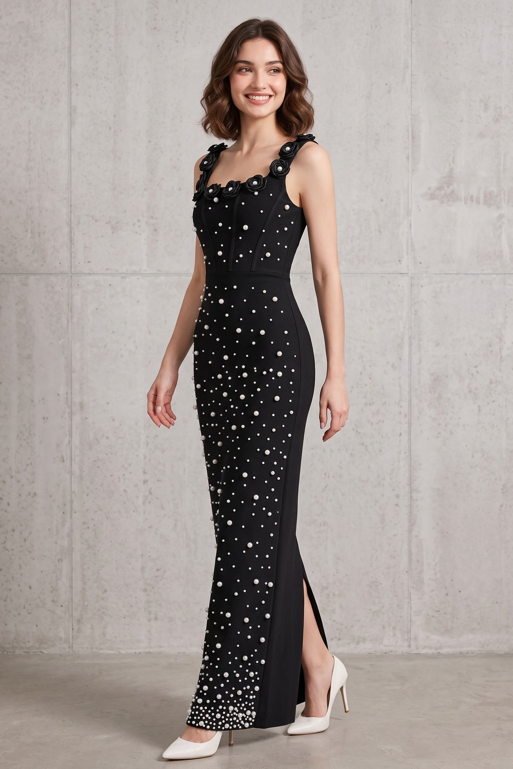 Black Heavyweight Stretch Knit Column Maxi Dress with Pearl Embellishments - OWNCI