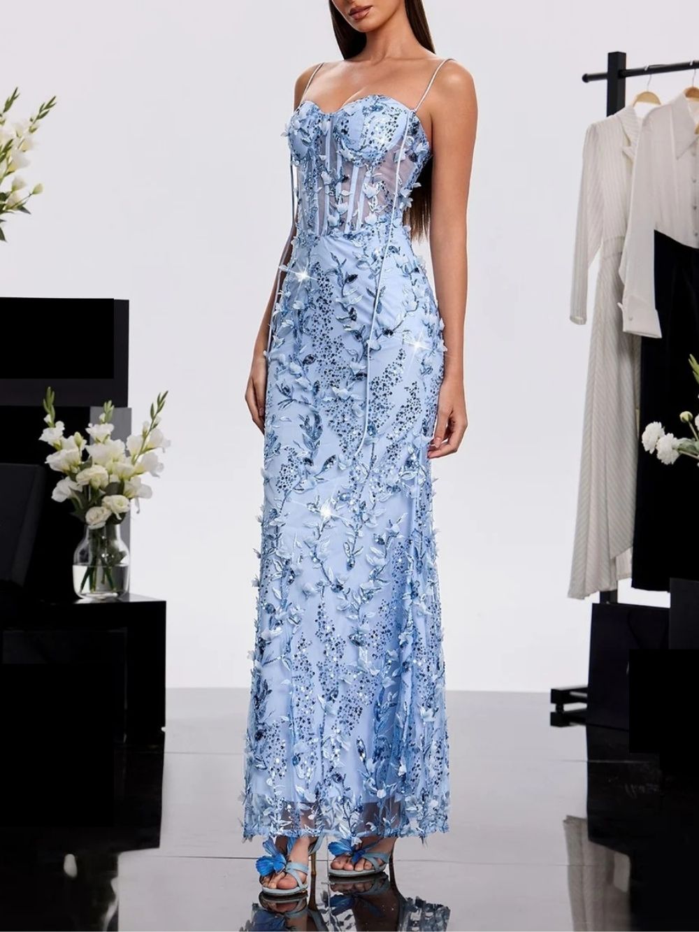 Haranu Spaghetti Corset Sequin Dress In Sky - OWNCI Haranu Spaghetti Corset Sequin Dress In Sky - OWNCI