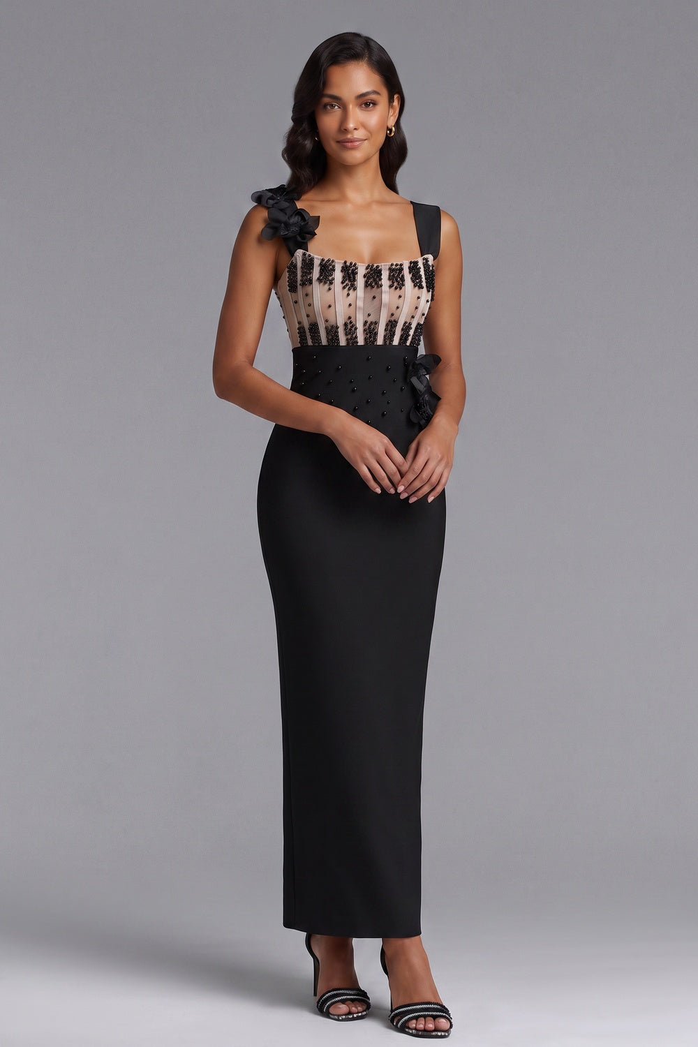 Black Structured Crepe Column Evening Gown with Beaded Bodice - OWNCI