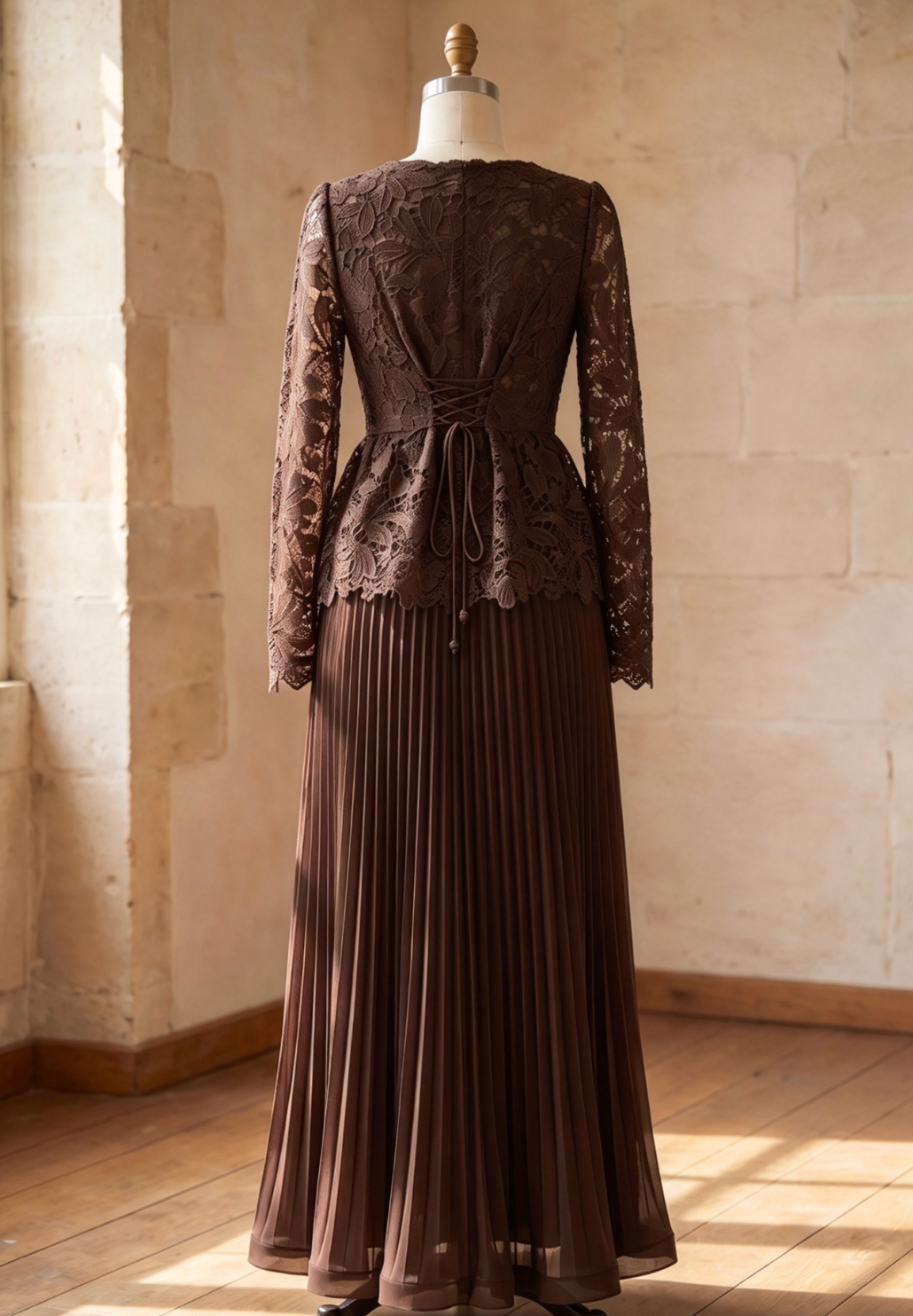 Dark Brown Guipure Lace Peplum Top & Pleated Maxi Skirt Two-Piece Set - OWNCI
