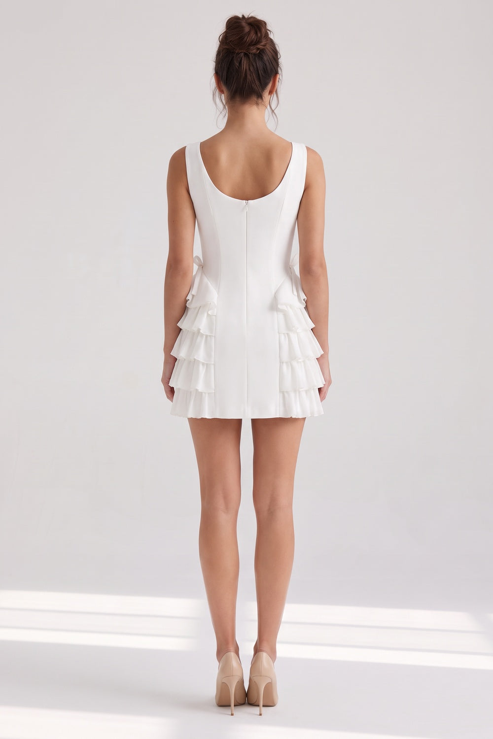White Structured Crepe A-Line Dress with Side Ruffles - OWNCI White Structured Crepe A-Line Dress with Side Ruffles - OWNCI