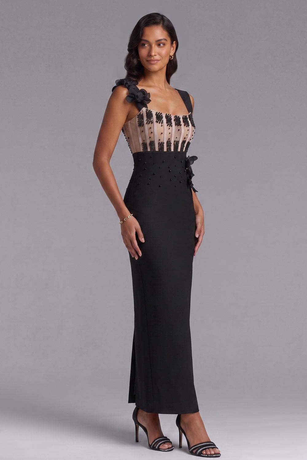 Black Structured Crepe Column Evening Gown with Beaded Bodice - OWNCI Black Structured Crepe Column Evening Gown with Beaded Bodice - OWNCI
