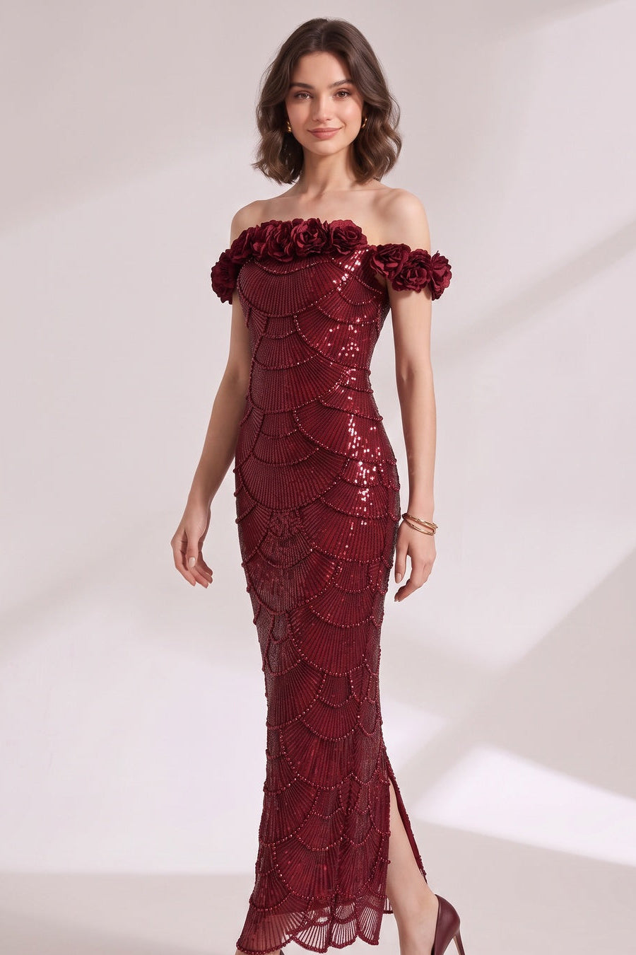 Burgundy Sequined Mesh Column Gown - OWNCI Burgundy Sequined Mesh Column Gown - OWNCI