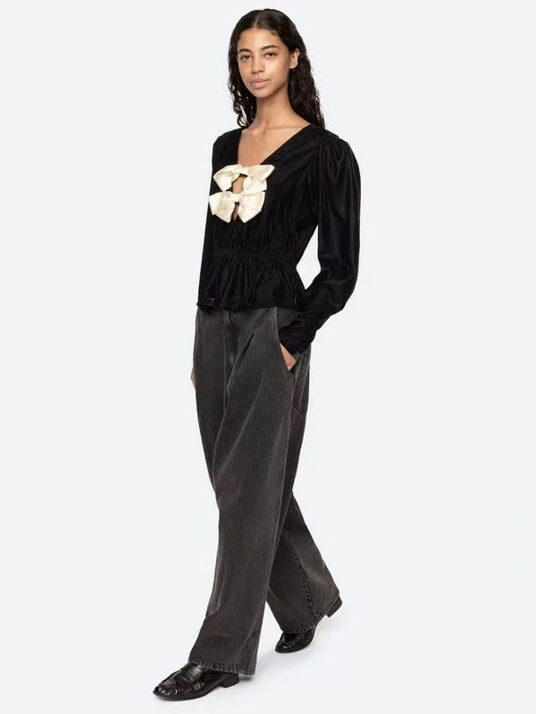Wallis Black v-Neck Bow Cutout Velvet Top - OWNCI Wallis Black v-Neck Bow Cutout Velvet Top - OWNCI