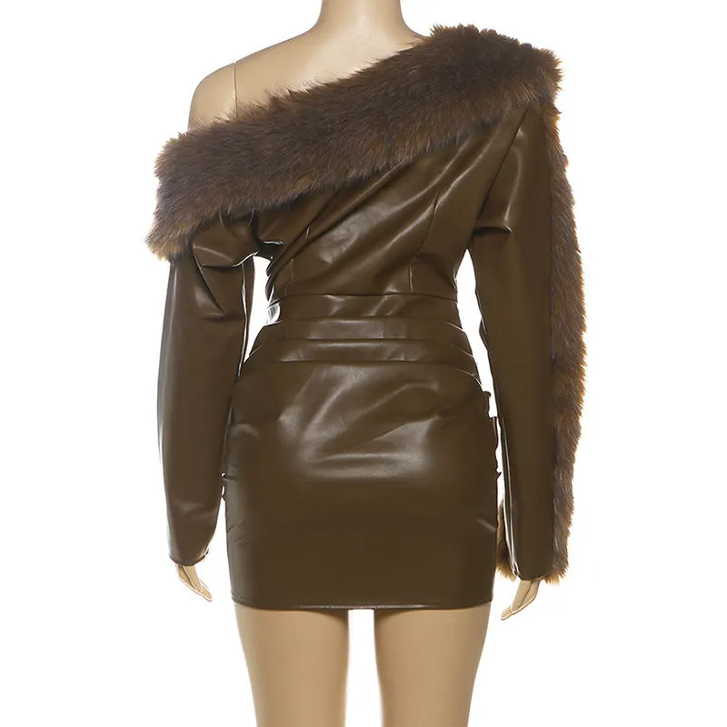 Sibyl Leather Fur Collar Asymmetrical Mini Dress In Brown - OWNCI Sibyl Leather Fur Collar Asymmetrical Mini Dress In Brown - OWNCI