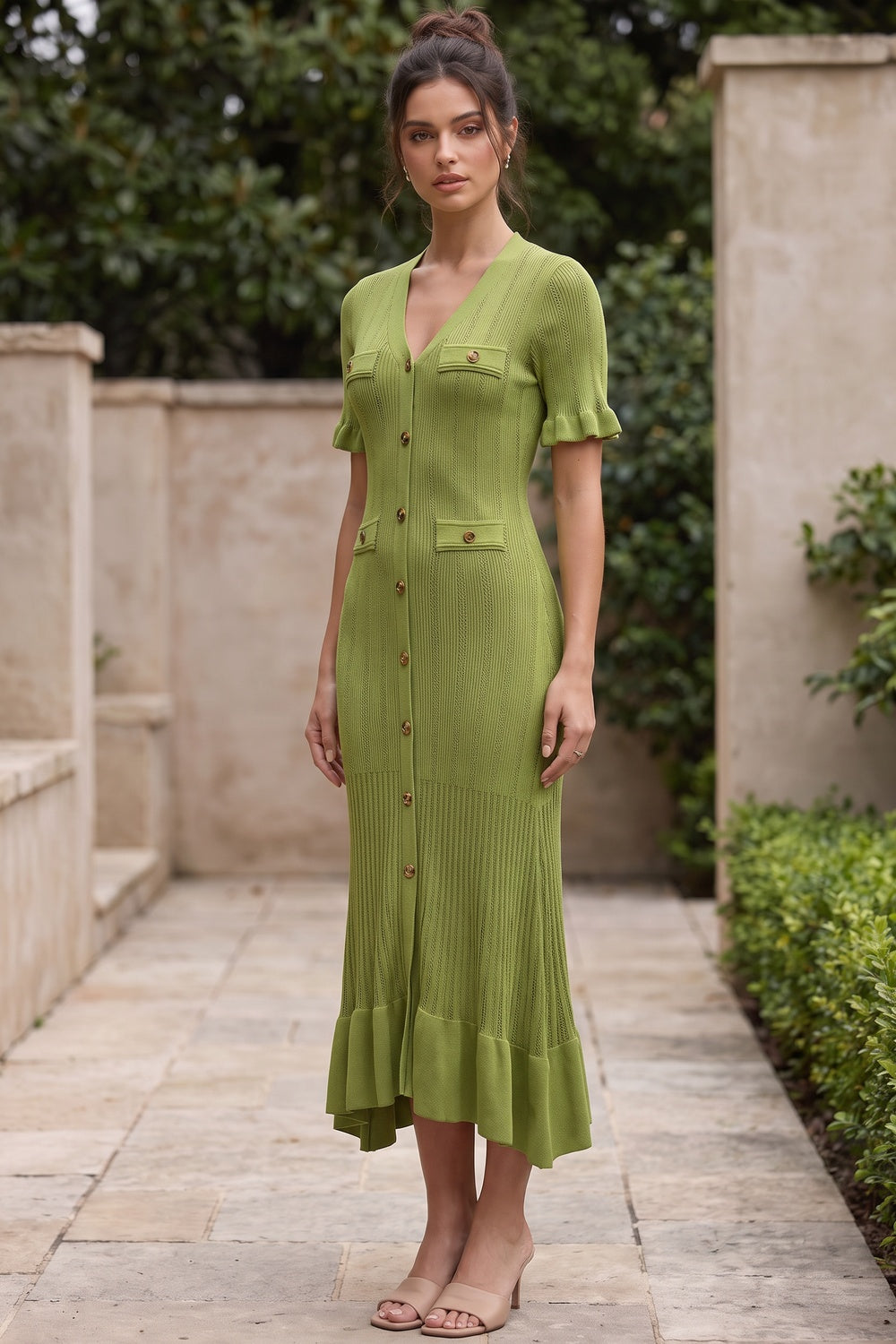 Olive Green Ribbed Knit A-Line Trumpet Midi Dress - OWNCI Olive Green Ribbed Knit A-Line Trumpet Midi Dress - OWNCI