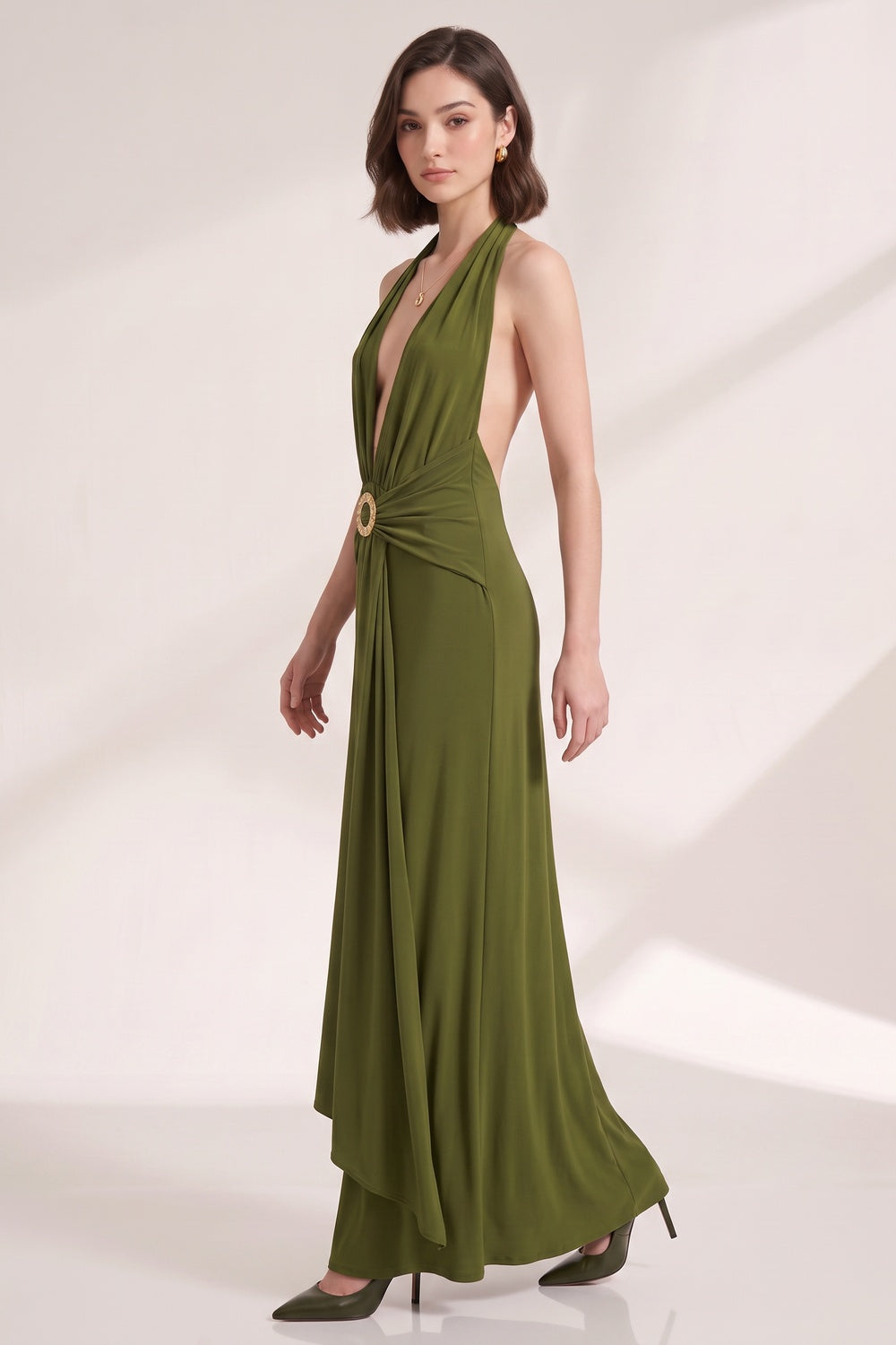 Olive Green Fluid Jersey Column Dress - OWNCI Olive Green Fluid Jersey Column Dress - OWNCI
