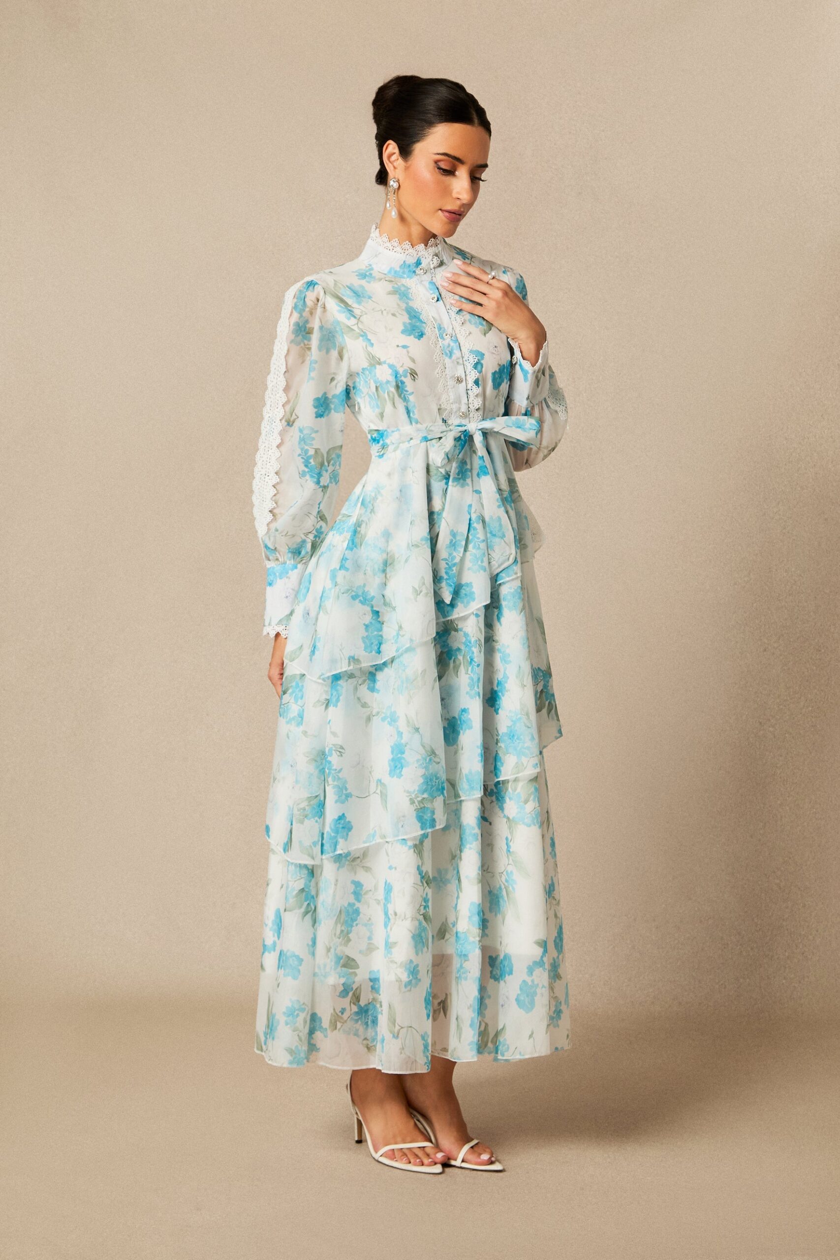 Nina Blue Chiffon Lace Trim Stand-Collar Dress With Layered Ruffles - OWNCI Nina Blue Chiffon Lace Trim Stand-Collar Dress With Layered Ruffles - OWNCI