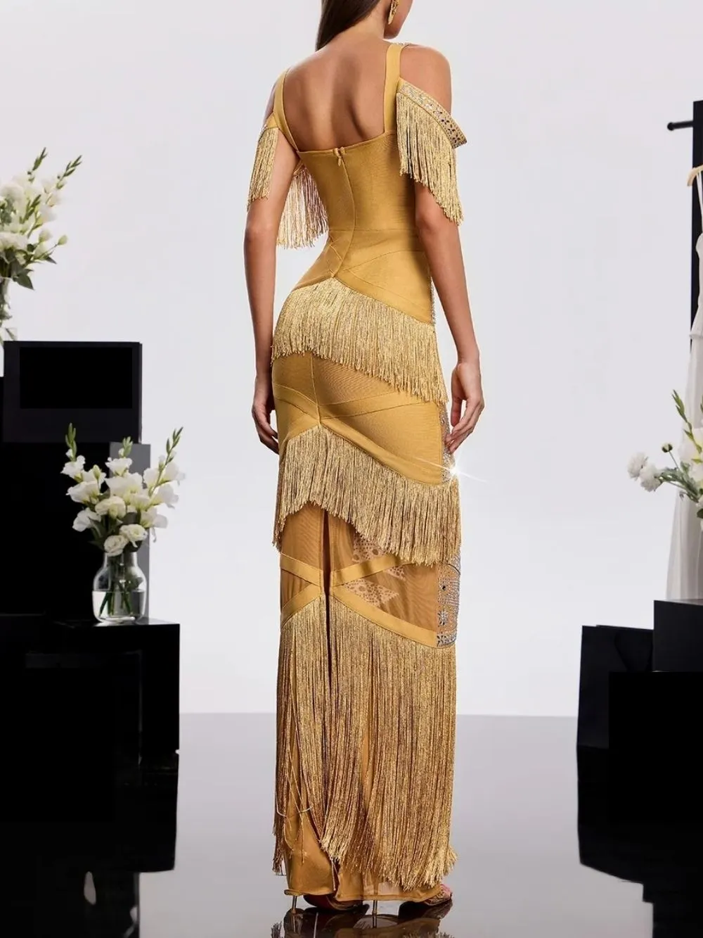 Laxden V Neck Fringe Rhinestone Maxi Dress - OWNCI
