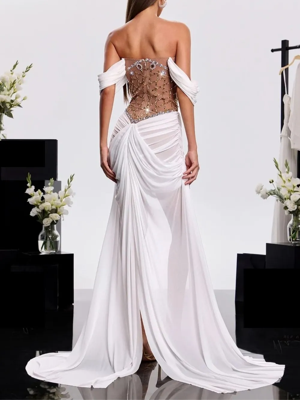 Brundel Off Shoulder Draped High Low Dress - OWNCI