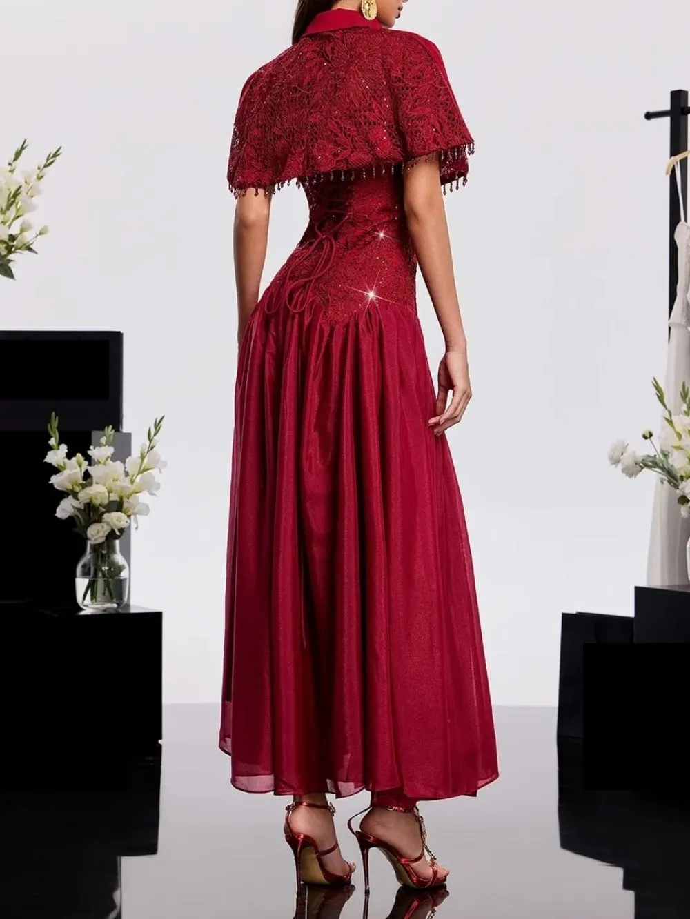 Hatice Cape Lace Dress In Wine - OWNCI