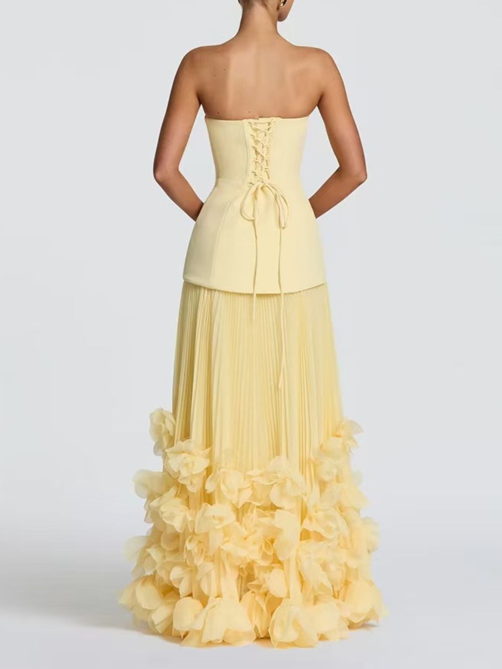 Ovarq Strapless Pleated Flower Maxi Dress In Yellow - OWNCI
