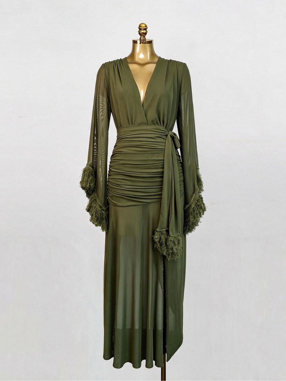 Murevia Plunge Neck Ruched Split Maxi Dress In Olive - OWNCI