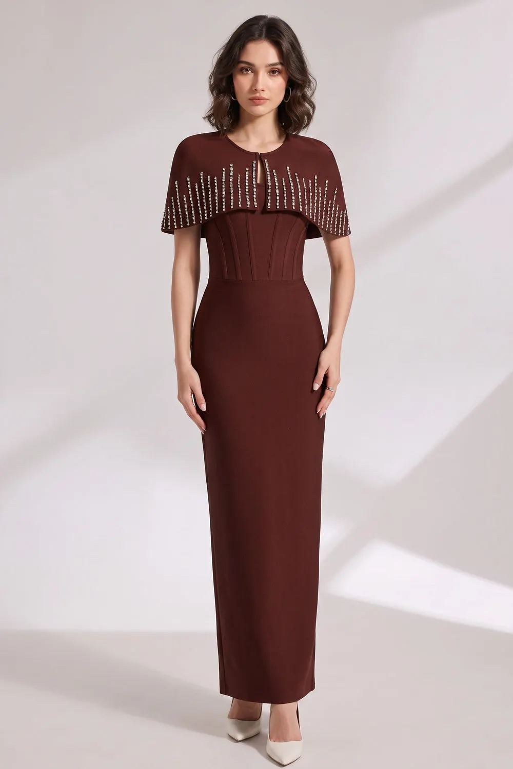 Dark Brown Structured Crepe Column Dress with Capelet Overlay - OWNCI