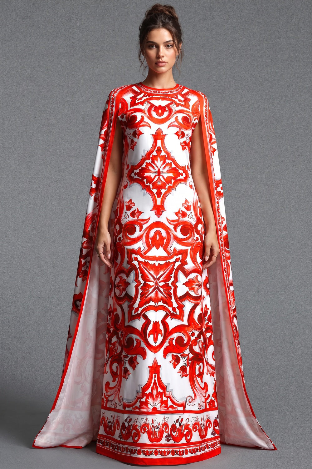 White Majolica Tile Print Cape Dress - OWNCI