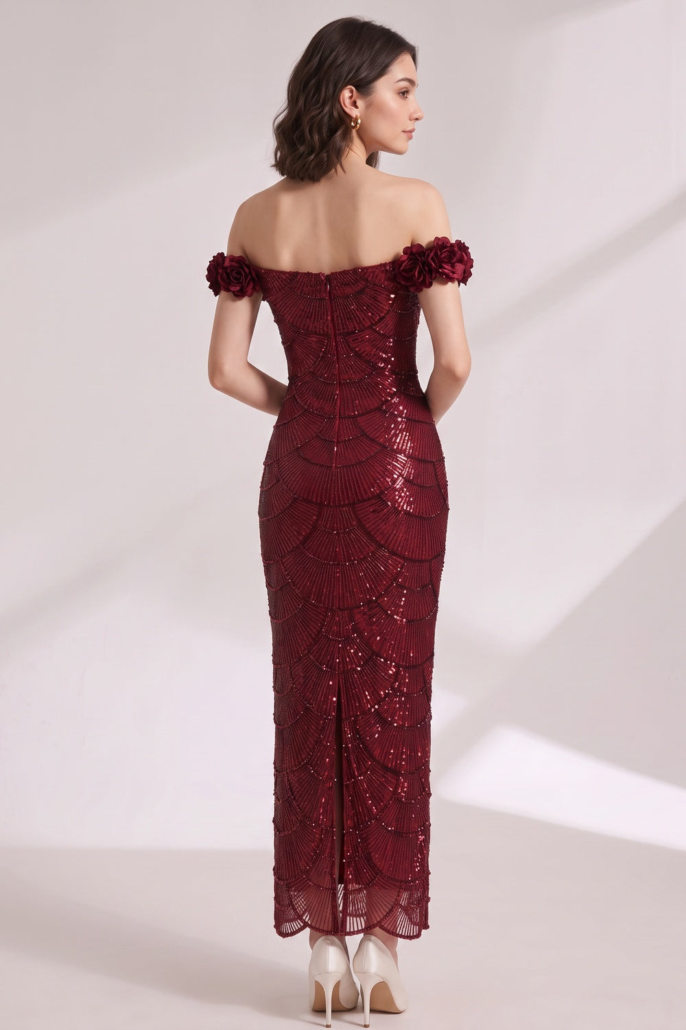 Burgundy Sequined Mesh Column Gown - OWNCI Burgundy Sequined Mesh Column Gown - OWNCI