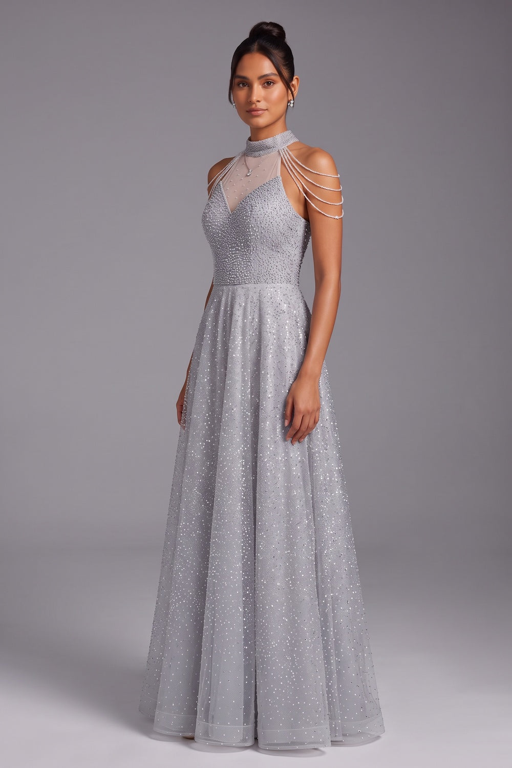 Silver Tulle A-Line Evening Gown - OWNCI